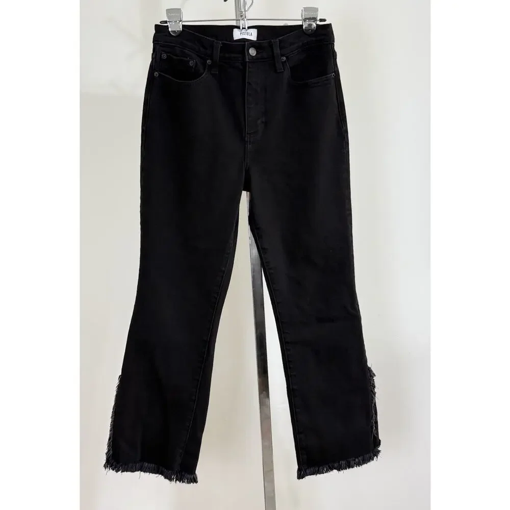 Pistola Black Raw Fringe Hem Crop Bootcut Jeans Womens Size 28 Stretch Denim